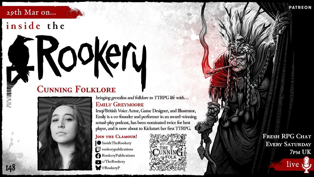 Inside the Rookery Advert. 
Left: Silhouette of a Rook on a gallows pole. 
Right: a mysterious hag witch pulling back a curtain. 
Centre: a picture of Emily Greymoore and the Cunning Folk RPG cover. 
 