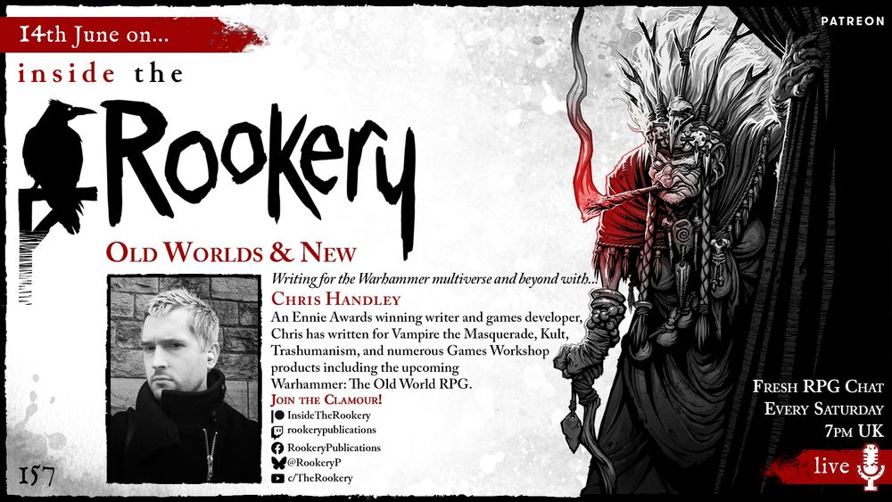 Left: Rookery Publications logo, a rook on a gallows pole, in silhouette. 
Centre:  image of a bearded man with bleached hair.
Right: a mysterious hag witch.
