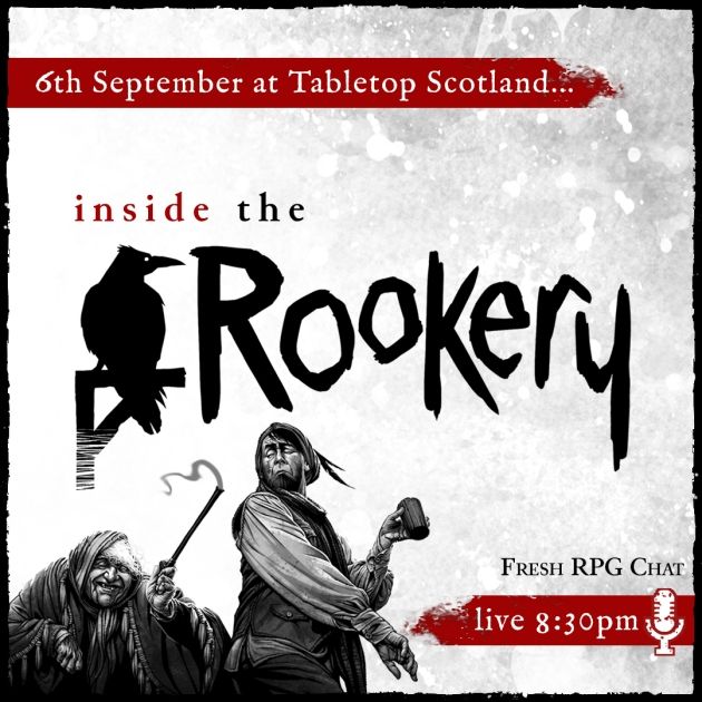 A pipe smoking old woman in a shawl next to a surprised looking peasant, with a mug, underneath the Inside the Rookery logo, a rook on a gallows pole.