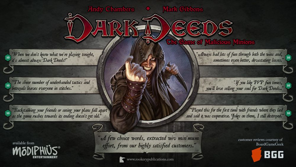 Beneath the Dark Deeds logo, centre frame, a hooded, shady looking man with a dagger in his left hand beckons you with his right. Around him a series of boxes contain excerpts from Board Game Geek reviews. 