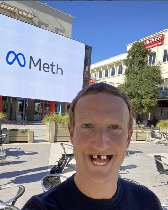 The ugly face of Mark full of shit Zukenberg. With a slightly modification to his teeth, and the name Meta change to meth to fit with the teeth. 