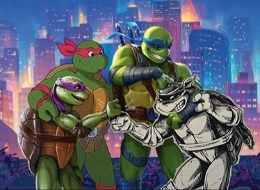 #mtgxtmnt art for the card turtles forever" featuring a tmnt team spanning different mediums