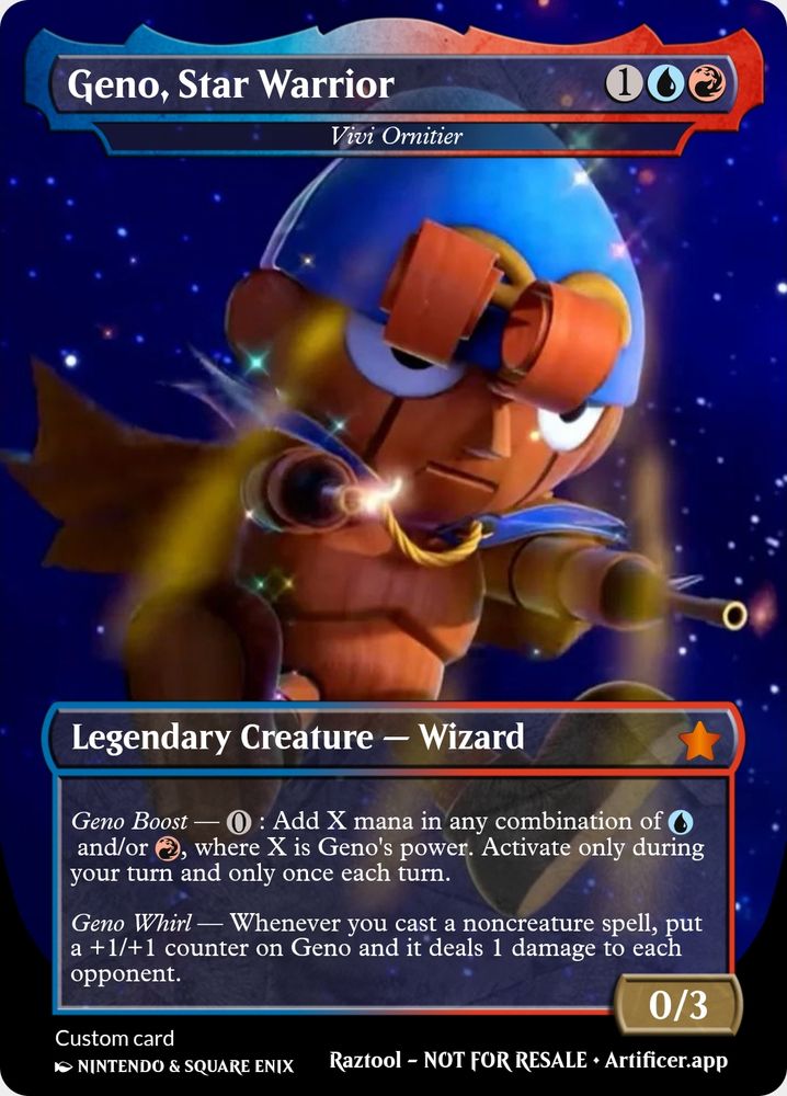 #mtgxfinalfantasy card Vivi Ornitier reskinned as Geno from Mario RPG.

Vivi Ornitier
{1}{U}{R}
Legendary Creature — Wizard

{0}: Add X mana in any combination of {U} and/or {R}, where X is Vivi Ornitier’s power. Activate only during your turn and only once each turn.

Whenever you cast a noncreature spell, put a +1/+1 counter on Vivi Ornitier and it deals 1 damage to each opponent.

0/3