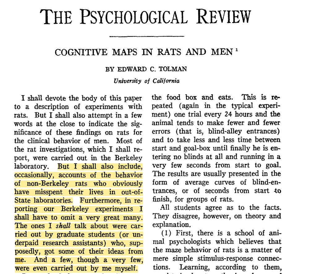 Screenshot of the introduction to the paper 'Cognitive maps in rats and men' by Edward Tolman. In this abstract, he mentions rats "misspending their lives" in non-US laboratories and his experiments being executed by Graduate students and underpaid research assistants. It reads rather ironically and whimsical for an introduction to a scientific paper.