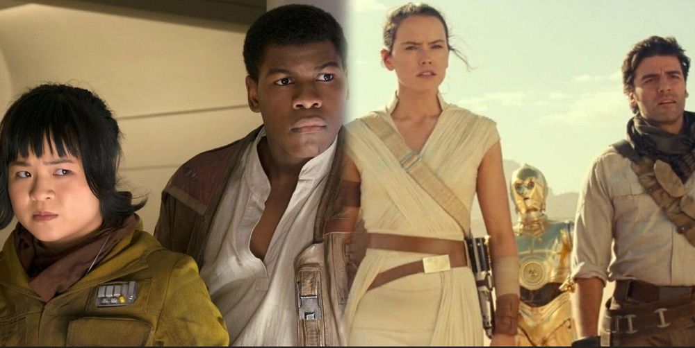 The characters Rose Tico, Finn, Rey and Poe Dameron (with C3PO standing behind the latter two) from the "Star Wars" sequel trilogy.