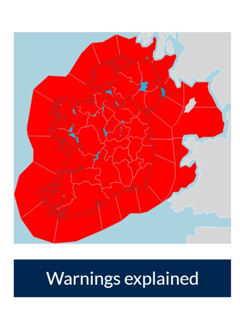 Image from MetÉireann website official red weather warning on 24 Jan 24 for Storm Éowyn: the whole of Ireland and surrounding sea is highlighted in red. The colouring in has officially gone over the lines