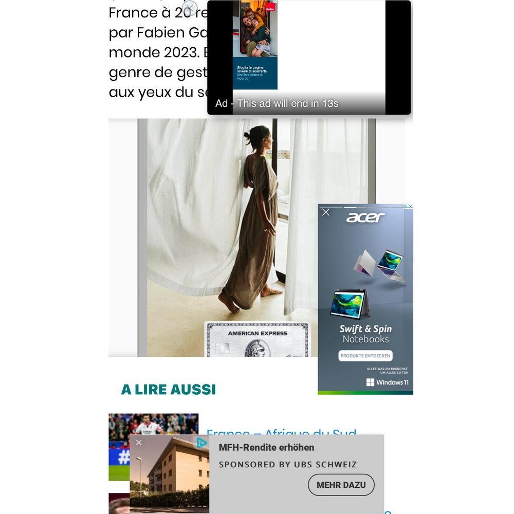 Screenshot sports.fr mit sehr vielen Werbebannern, die den redaktionellen Artikel fast vollständig verdecken.