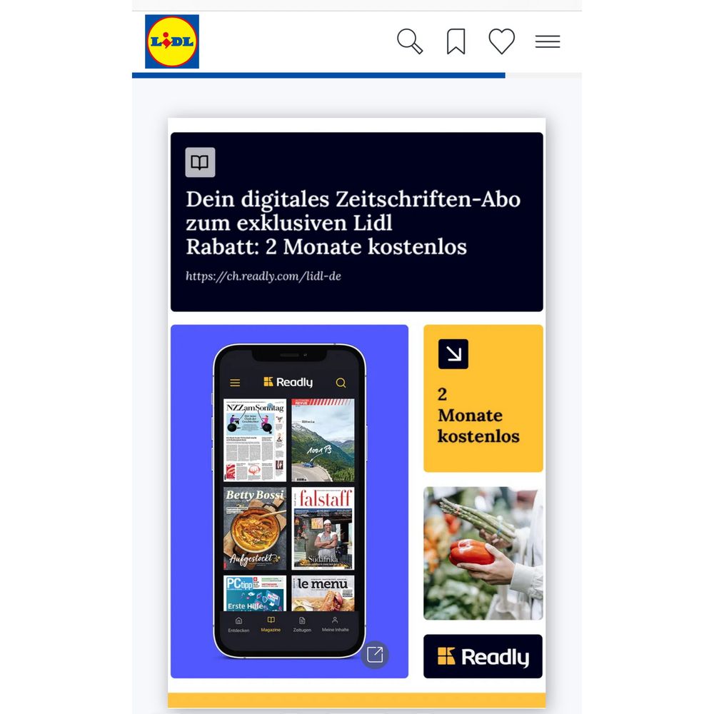 Lidl wirbt in einem Flyer für Rabatt auf ein Readly-Abo