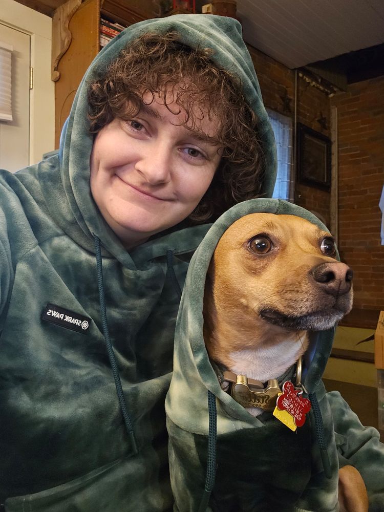 Alanna and Stella wearing matching green tye dyed hoodies (Sparkpaws brand)