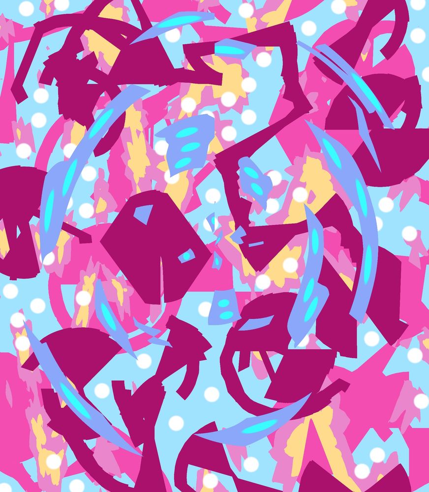 An abstract art piece consisting of pink blue yellow purple and white scattered across the canvas. 