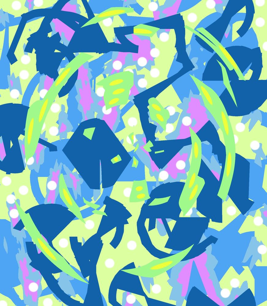 An abstract art piece consisting of blue green purple and white scattered across the canvas. 