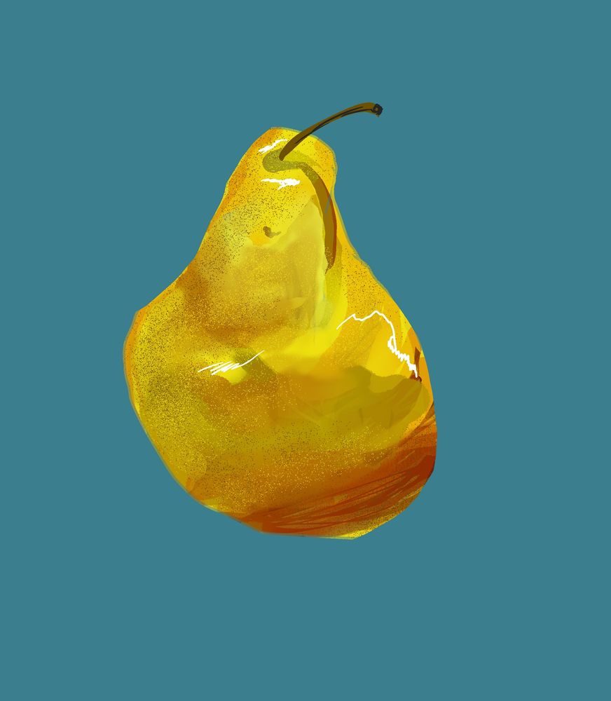 A yellow pear illustrated with a blue background 