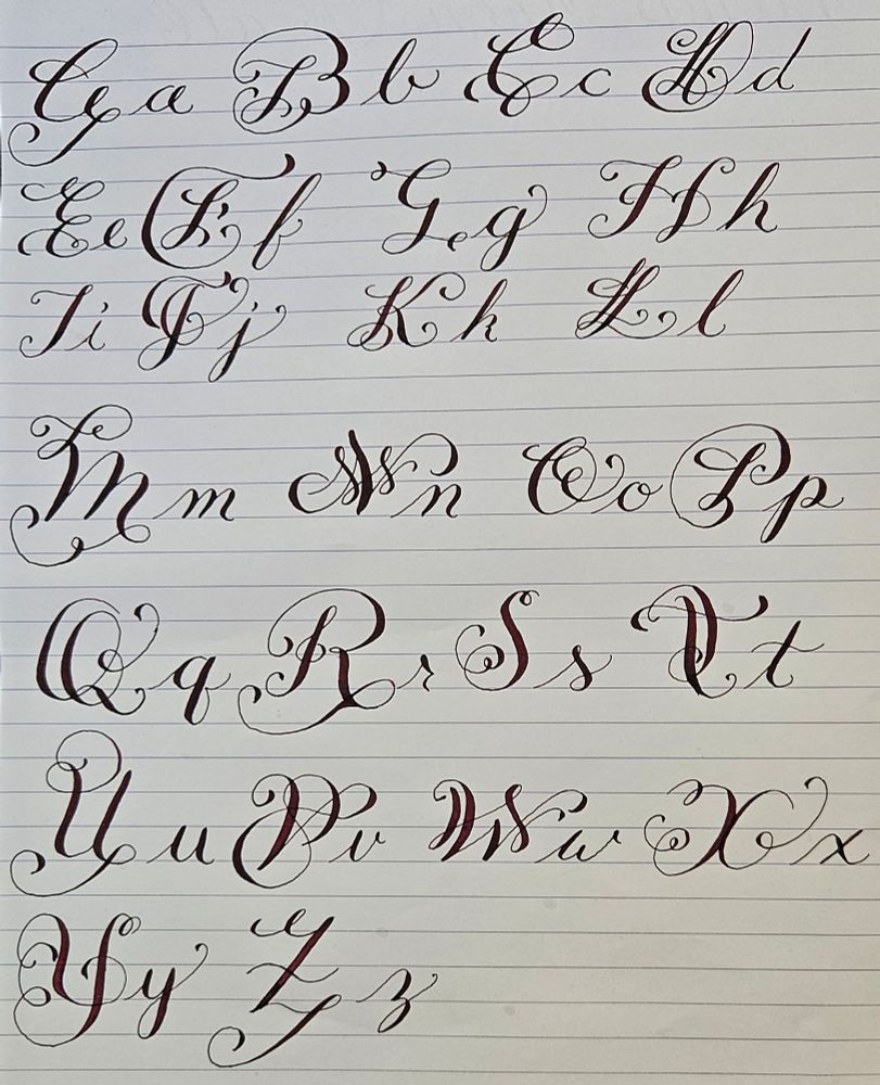 Needlepoint Calligraphy of the English alphabet capital and lowercase letters. Done with blood red ink