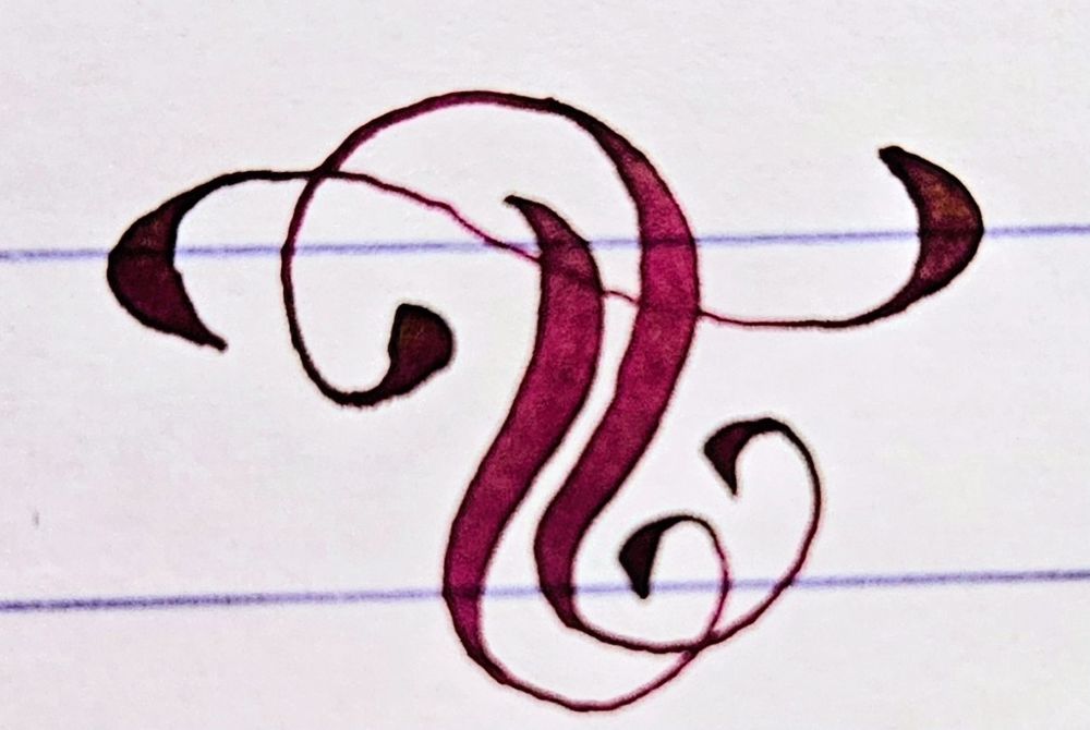 A curving capital T in purple-red ink. The needlepoint calligraphy has hair thin lines with large shades of ink
