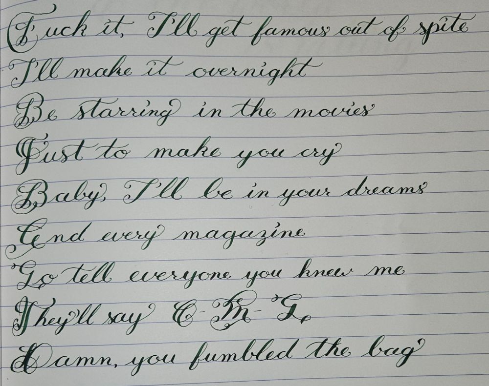 Calligraphy of chorus

Fuck it, I'll get famous out of spite
I'll make it overnight
Be starring in the movies
Just to make you cry
Baby, I'll be in your dreams
And every magazine
Go tell everyone you knew me
They'll say O-M-G
Damn, you fumbled the bag