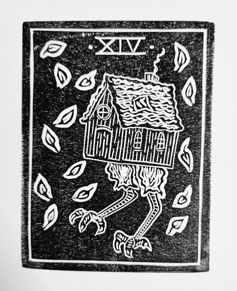 Small linocut of a cottage with chicken legs dancing amongst falling leaves under the numeral 14. Black ink.