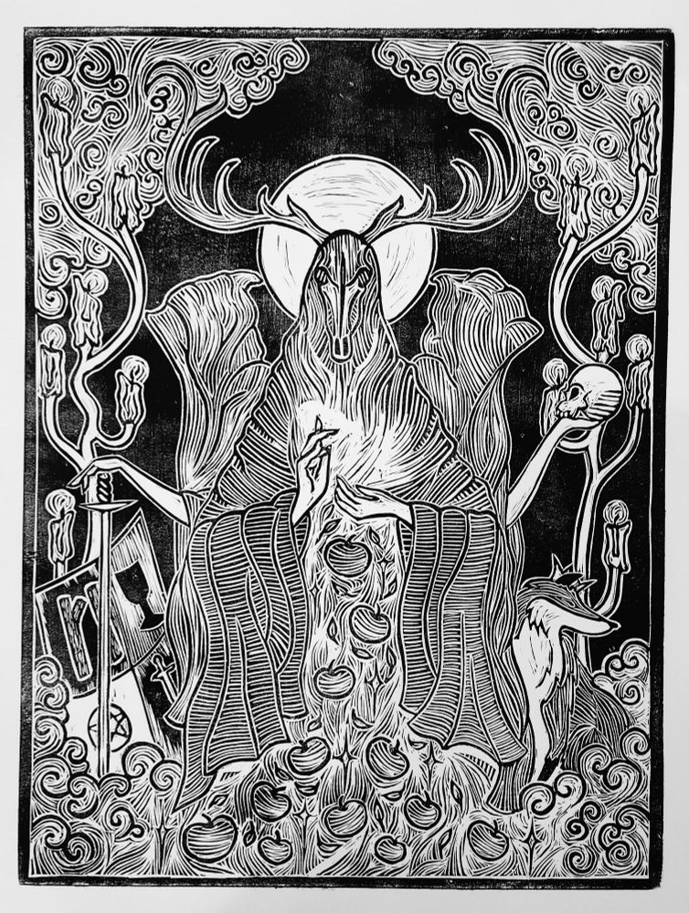 Linocut of a deer skull entity in a hooded robe summoning apples and leaves in a clearly flanked by two hooded figures. One has a skull and a fox. The other has a sword and a shield. They are under a full moon and surrounded by candles.