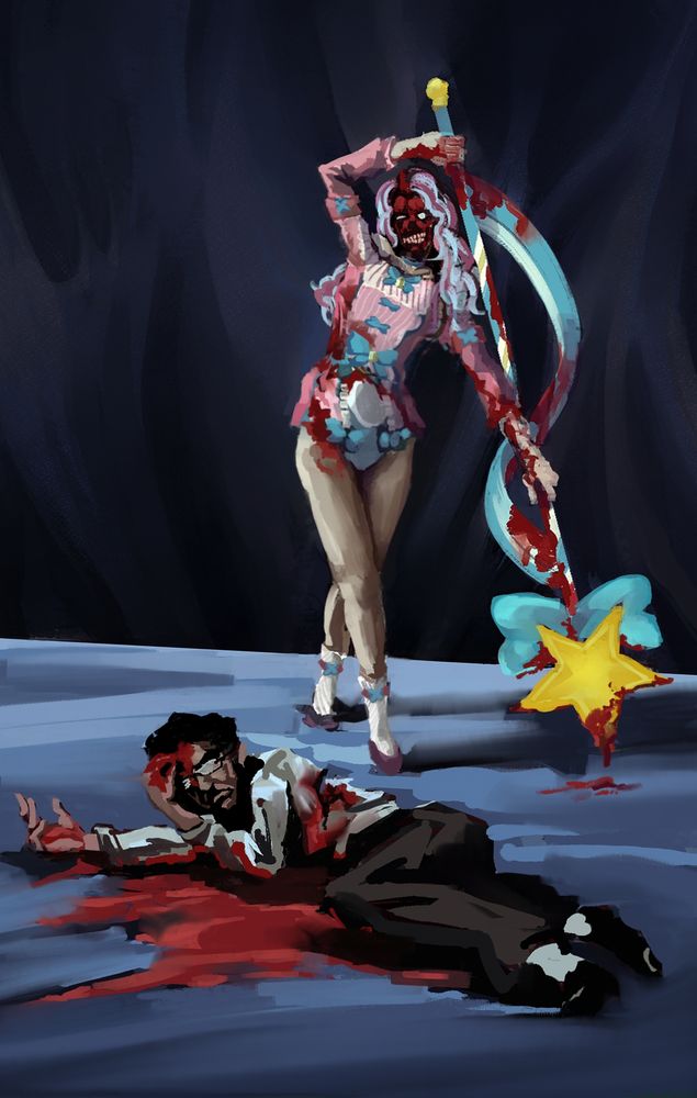 Digital illustration of two characters in a dramatic scene. In the foreground, a man lies injured on the ground with blood around him. Behind him stands a tall female figure in a stylized outfit with ribbons and a star-shaped object on the floor near her. The background is dark and minimal.