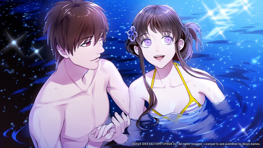 A young man and girl bathing in a hot springs at night