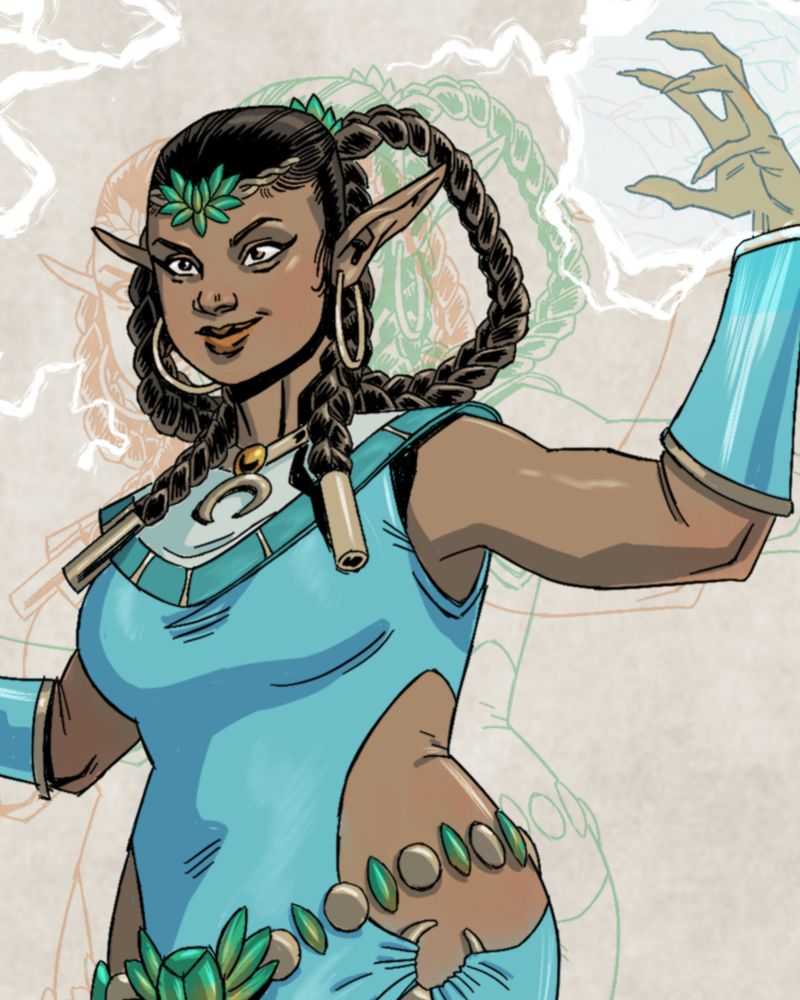 A black female elf in a flowing blue dress with green beetle wing accents. She is summoning the sparking magic. She has a slight smile, probably super proud of those epic braids she's got going on.
