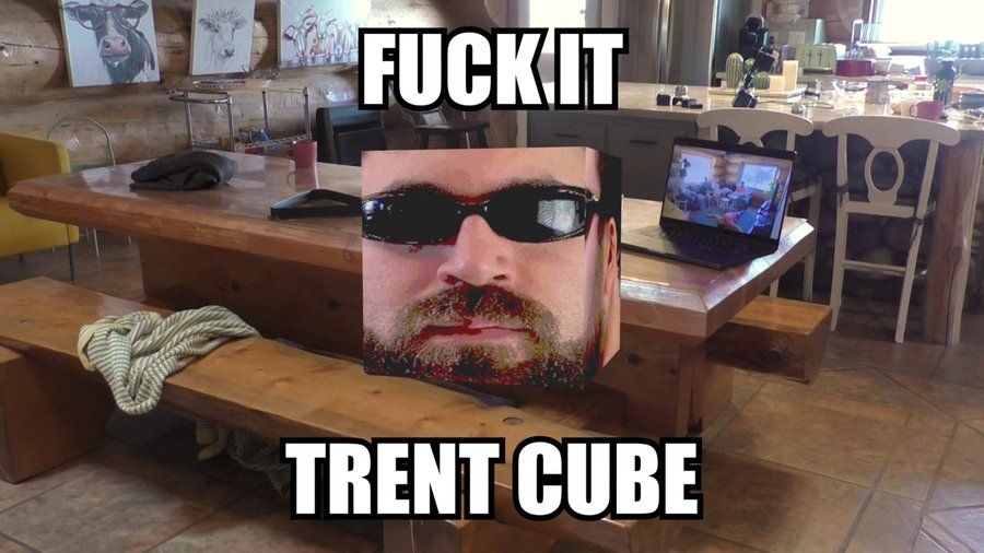 The words "FUCK IT; TRENT CUBE" with the face of a man superimposed on a cube. This is the final screenshot from the 2024 Joel Haver movie titled "The 9th Movie".