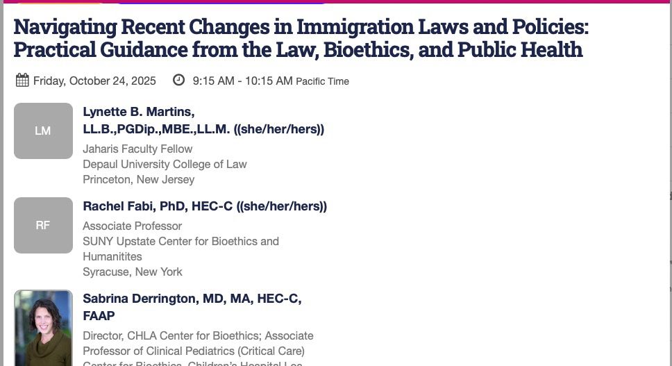 Picture describes the topic and panelists for an Am Soc for Bioethics and Humanities panel at the 2025 conference 