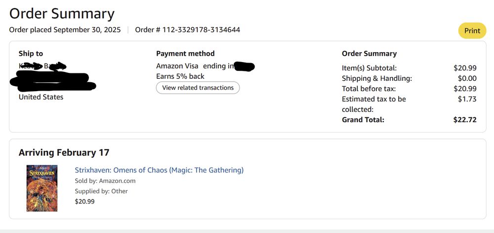 A screenshot of an Amazon receipt for the preorder of the Strixhaven novel.