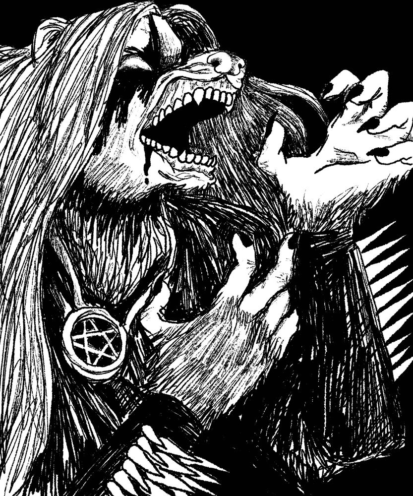 A javan ferret badger in heavy metal attire, spiked gauntlets and a pentagram necklace. They have long hair and are striking a pose with raised menacing hands and a roar.