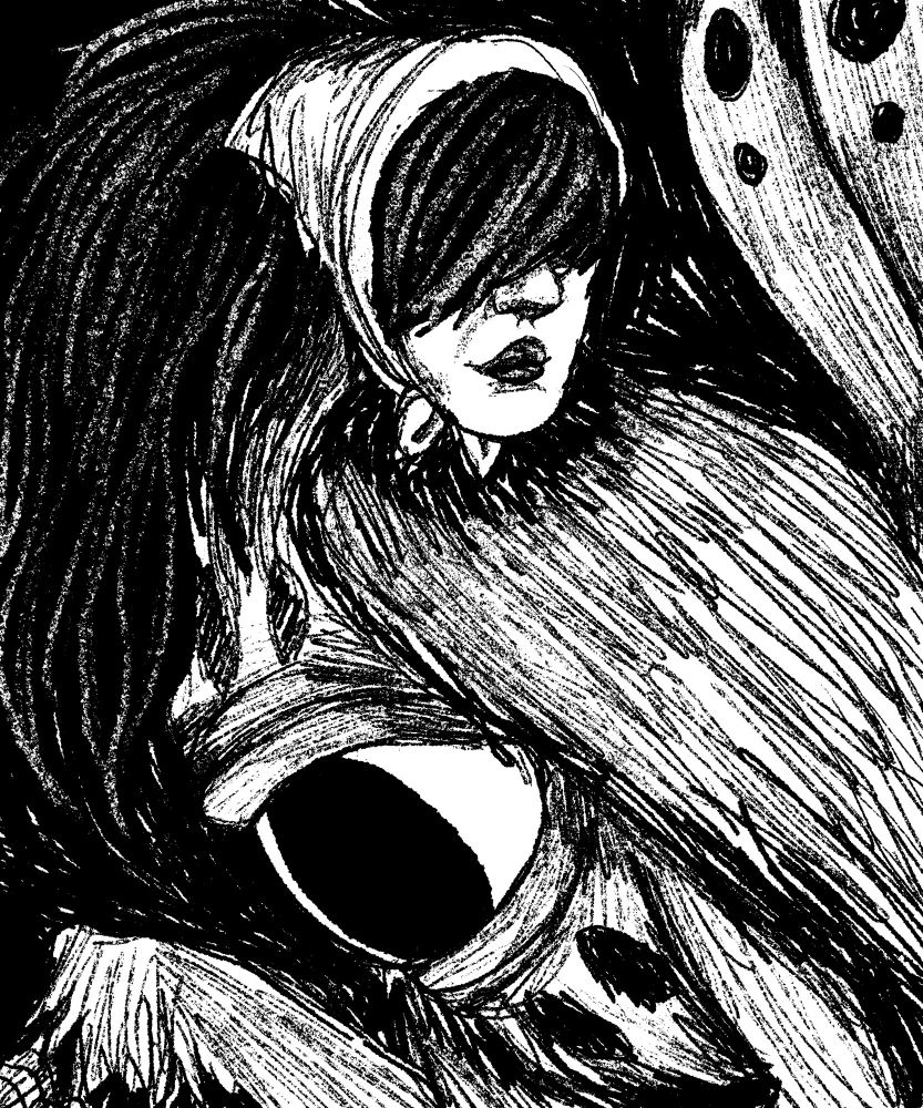 A bird with a human head. They have long hair with a headscarf and an eye on their stomach.