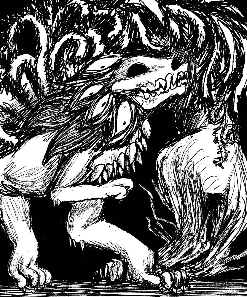 A serpent like creature with a canid skull and tree bark hind legs. Their mane is made of sundew plants and around their skull are leaves with eyes on them. On their chest is a mouth with sharp teeth.