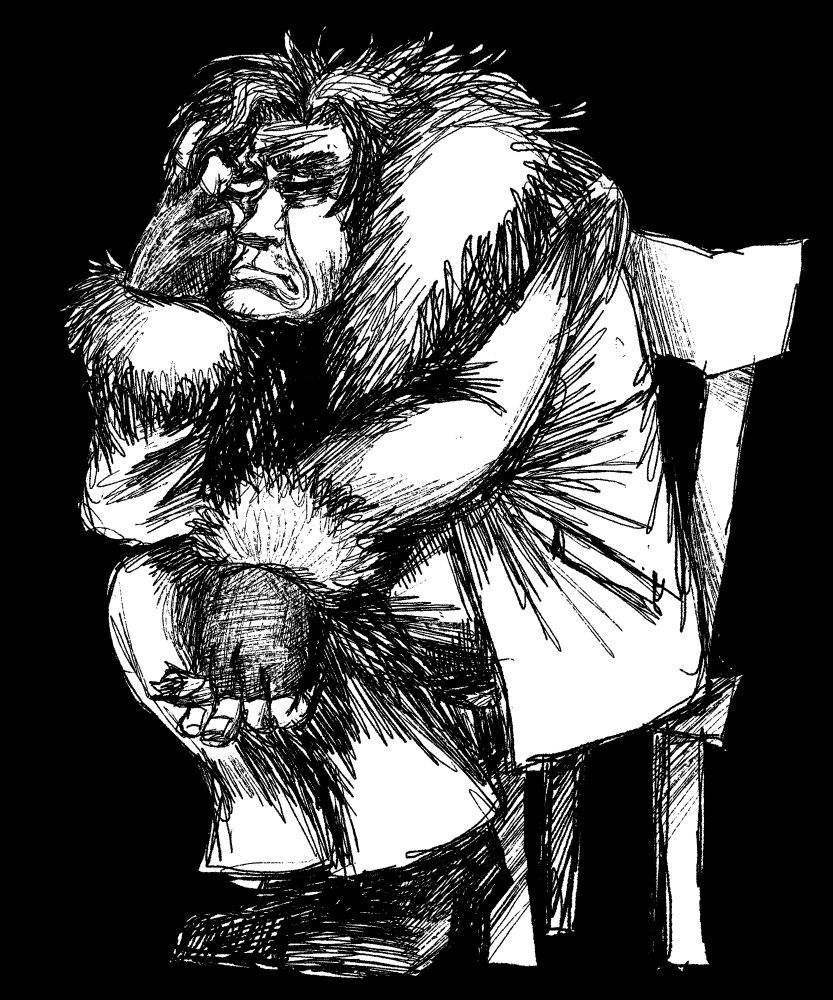 An older man in a fur lined coat sitting on a chair. He has fingerless gloves and is holding a cigar in his left hand. His grumpy head rests in his right hand.