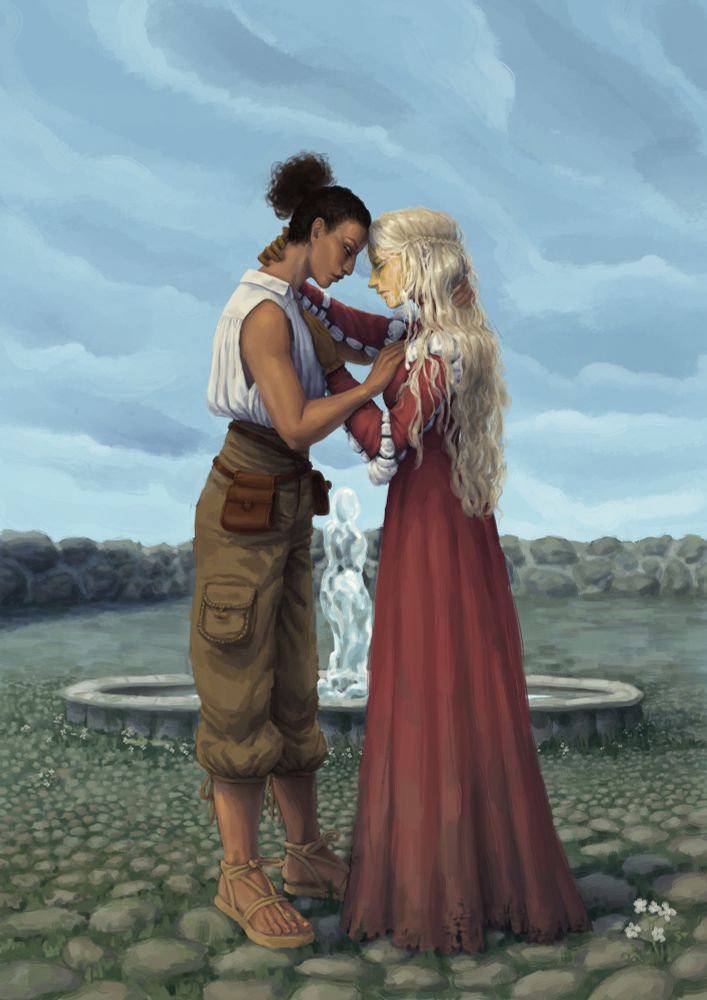 A dark skinned woman dressed like a wilderness guide and a light skinned woman in a tattered dress with foreheads touching in a courtyard with a fountain 