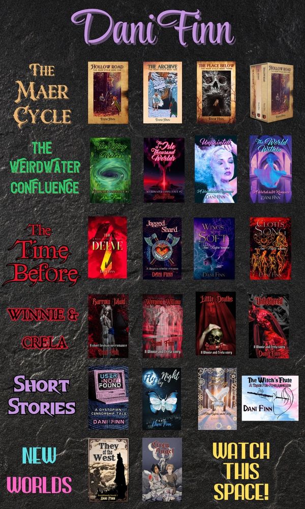 Dani Finn books and book covers:
THE MAER CYCLE: Hollow Road, The Archive, The Place Below
THE WEIRDWATER CONFLUENCE: The Living Waters, The Isle of a Thousand Worlds, Unpainted, The World Within
THE TIME BEFORE: The Delve, Jagged Shard, Wings so Soft, Cloti’s Song
WINNIE & CRELA: Barrow Maid, Weeping Willow, Little Deaths, Untethered
SHORT STORIES: The Witch’s Flute, User Not Found, Fly by Night, and The Last Solstice Gift
NEW WORLDS: They of the West, Grey Angel
WATCH THIS SPACE!
