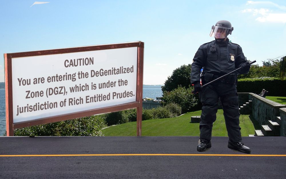 Cop in riot gear holding baton behind yellow line next to sign at Denny Blaine Park reading "CAUTION: You are entering the DeGenitalized Zone (DGZ), which is under the jurisdiction of Rich Entitled Prudes. 