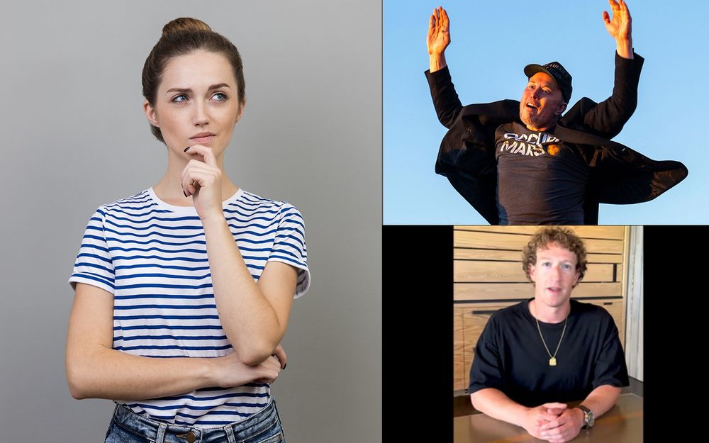 Woman wondering with eyebrow raise and hand on chin next to photos of Elon Musk jumping at Trump rally and Mark Zuckerberg announcing end of fact-checking on Meta
