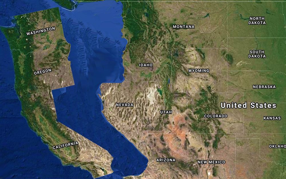 Map of Washington state, Oregon and California breaking off the continent and floating off into the Pacific