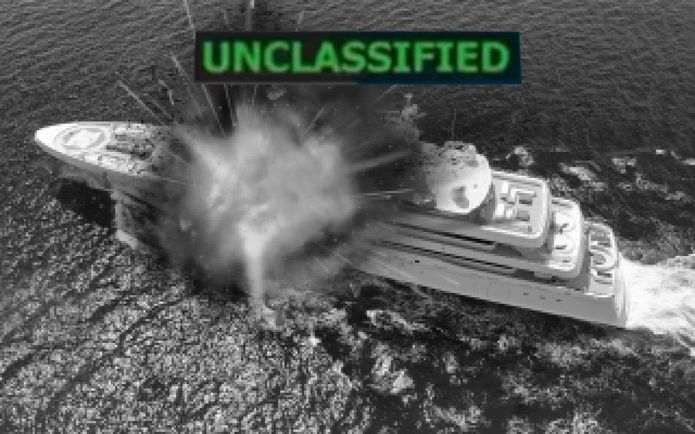 Grainy black and white satellite photo of giant super-yacht getting bombed with "UNCLASSIFIED" written across top