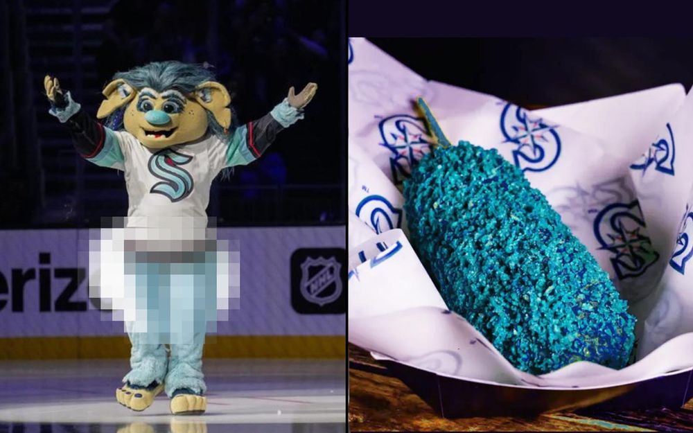 Pixelated image of Kraken mascot Buoy the Sea Troll on left, image of the Mariners' blue corndog on right
