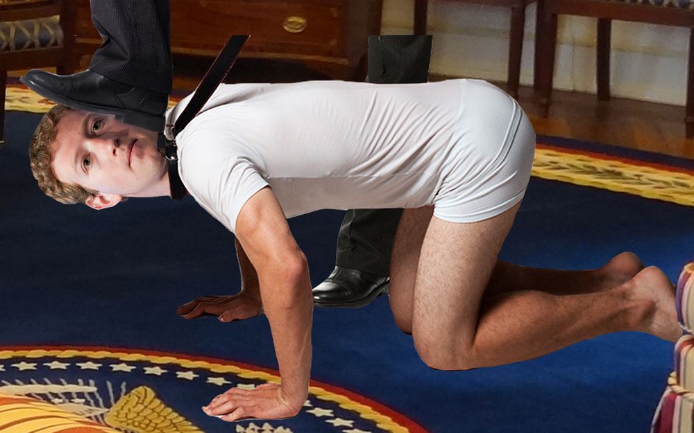 Mark Zuckerberg on all fours on the Oval Office floor with a belt leash around his neck and a shoe pressing down his head