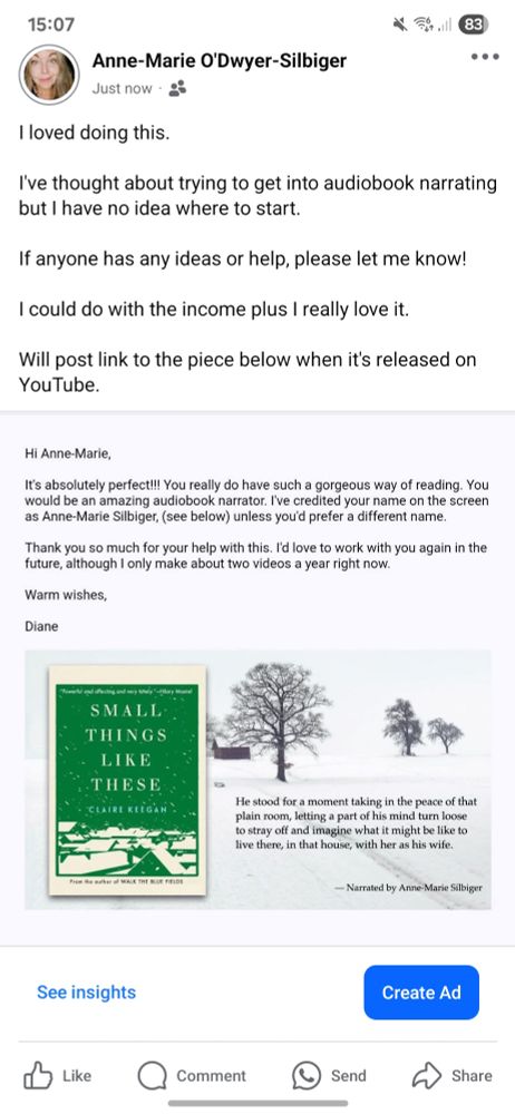 I loved doing this.
I've thought about trying to get into audiobook narrating but I have no idea where to start.
If anyone has any ideas or help, please let me know.
I could do with the extra income, plus I really love it.
Will post link to the piece below when it's released on YouTube.
