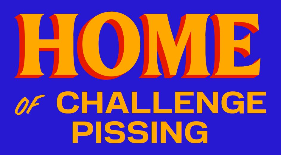 "HOME OF CHALLENGE PISSING" in the style of the Zohran Mamdani campaign logo. All these are quoted from '90s car dealership parody advertisement "Big Bill Hell's"