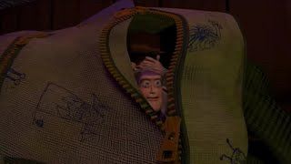 Buzz Lightyear peeking out of a bag.