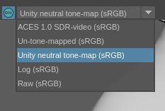 A drop down listing tonemapping options including Unity neutral tone-mapping