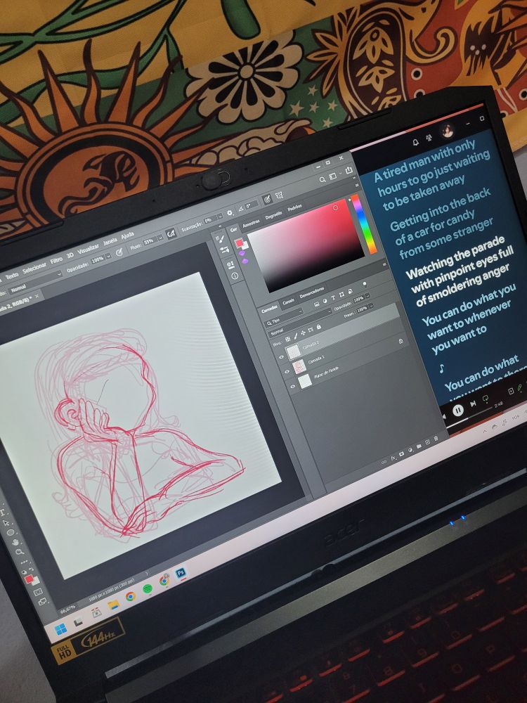 Foto da tela do meu notebook com um desenho em progresso de uma pessoa com o braço apoiado no rosto, ao lado o spotify aberto com a letra da música "ballad of big nothing" de elliott smith.