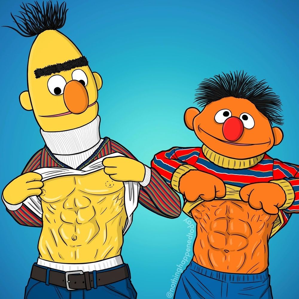 Bert and Ernie showing off their abs 