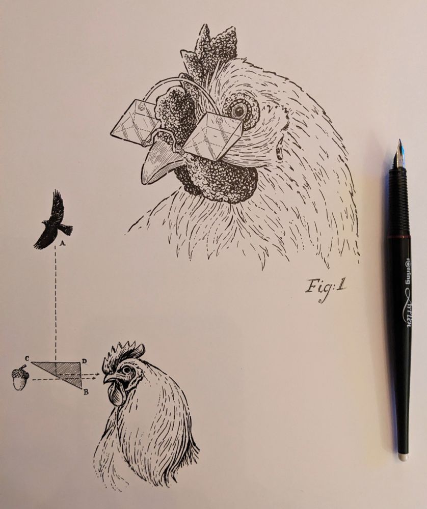 A drawing of a chicken wearing an eyepiece made of prisms 