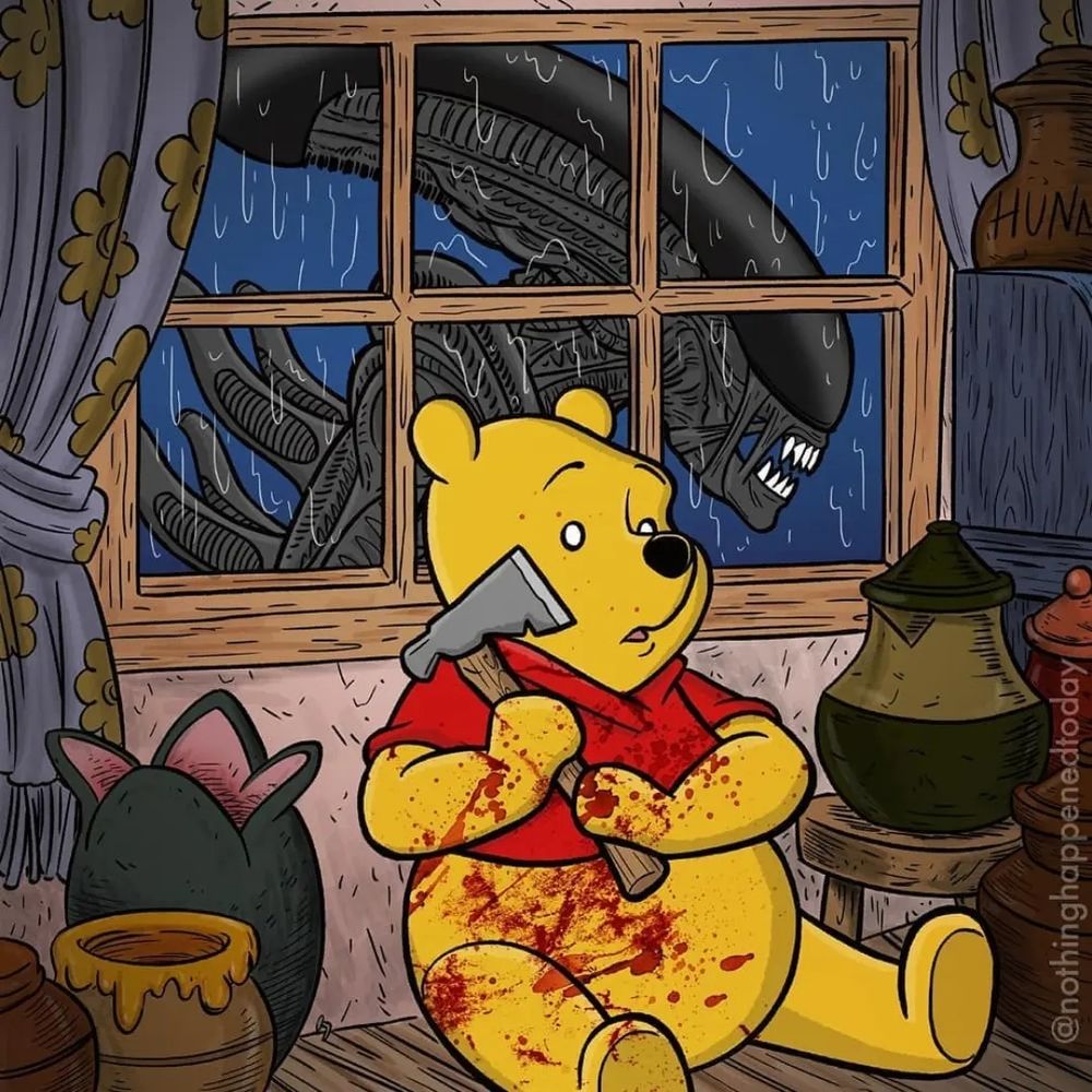 Winnie the Pooh, covered in blood and holding an axe, with a Xenomorph outside his window