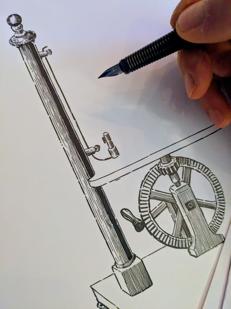 Fountain pen drawing of a geared mechanism