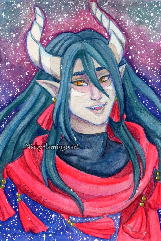 A watercolor, colored pencil. and gel pen bust portrait of Caldarus from Fields of Mistria in his humanoid form. In this form he appears to be a pale grayish brown man with dragon horns, pointed elf-like ears, golden eyes with slit pupils, light marking on his face, and blue green hair. He is looking to the side with a small smile that shows some fangs and a blush, as if he's speaking to a player character who he is romantically attached to. He is in his winter clothing, including a red scarf with tassels that match his earrings. The background is a starry gradient of greens, magenta, purples, and blues. 