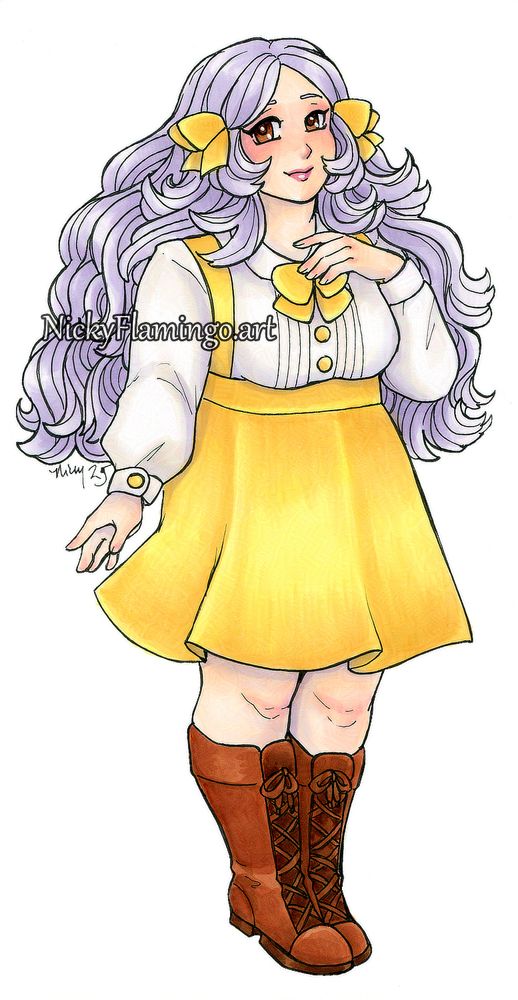 Marker illustration of my farmer from Fields of Mistria, Grace. She is a  young woman with pale skin, long wavy and fluffy lavender hair tied with two yellow bows, and brown eyes. She is wearing a yellow suspender shirt and white shirt and brown boots and standing cutely with one hand hovering above the yellow bow on her shirt. 

Grace belongs to me and I love her